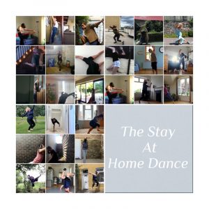 A collage of small square photographs of people dancing in their homes or garden. 